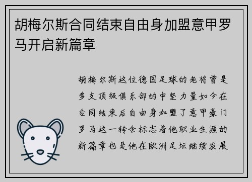 胡梅尔斯合同结束自由身加盟意甲罗马开启新篇章 胡梅尔斯合同结束自由身加盟意甲罗马开启新篇章