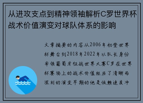 从进攻支点到精神领袖解析C罗世界杯战术价值演变对球队体系的影响 从进攻支点到精神领袖解析C罗世界杯战术价值演变对球队体系的影响